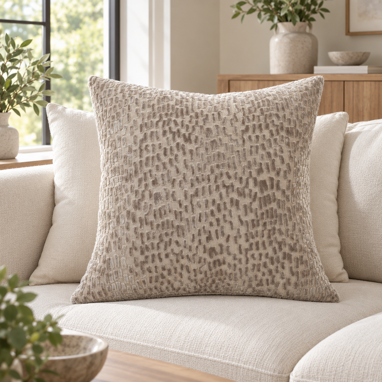 Malini Cut Velvet Dashes Taupe Square Cushion 56x56 lifestyle image
