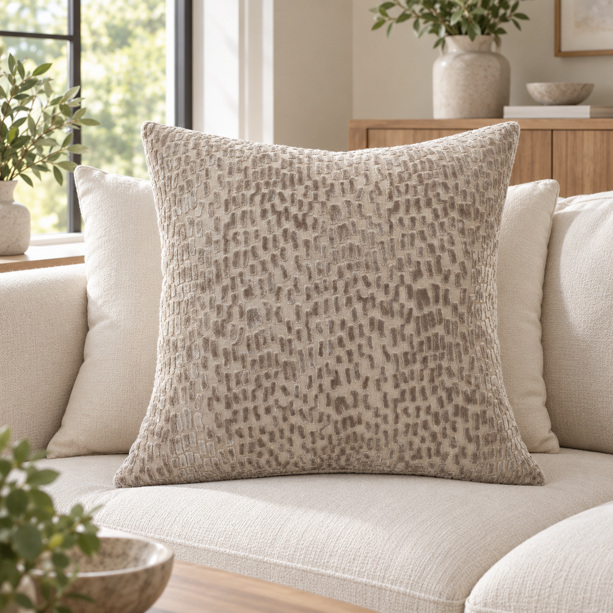 Malini Cut Velvet Dashes Taupe Square Cushion 56x56 lifestyle image