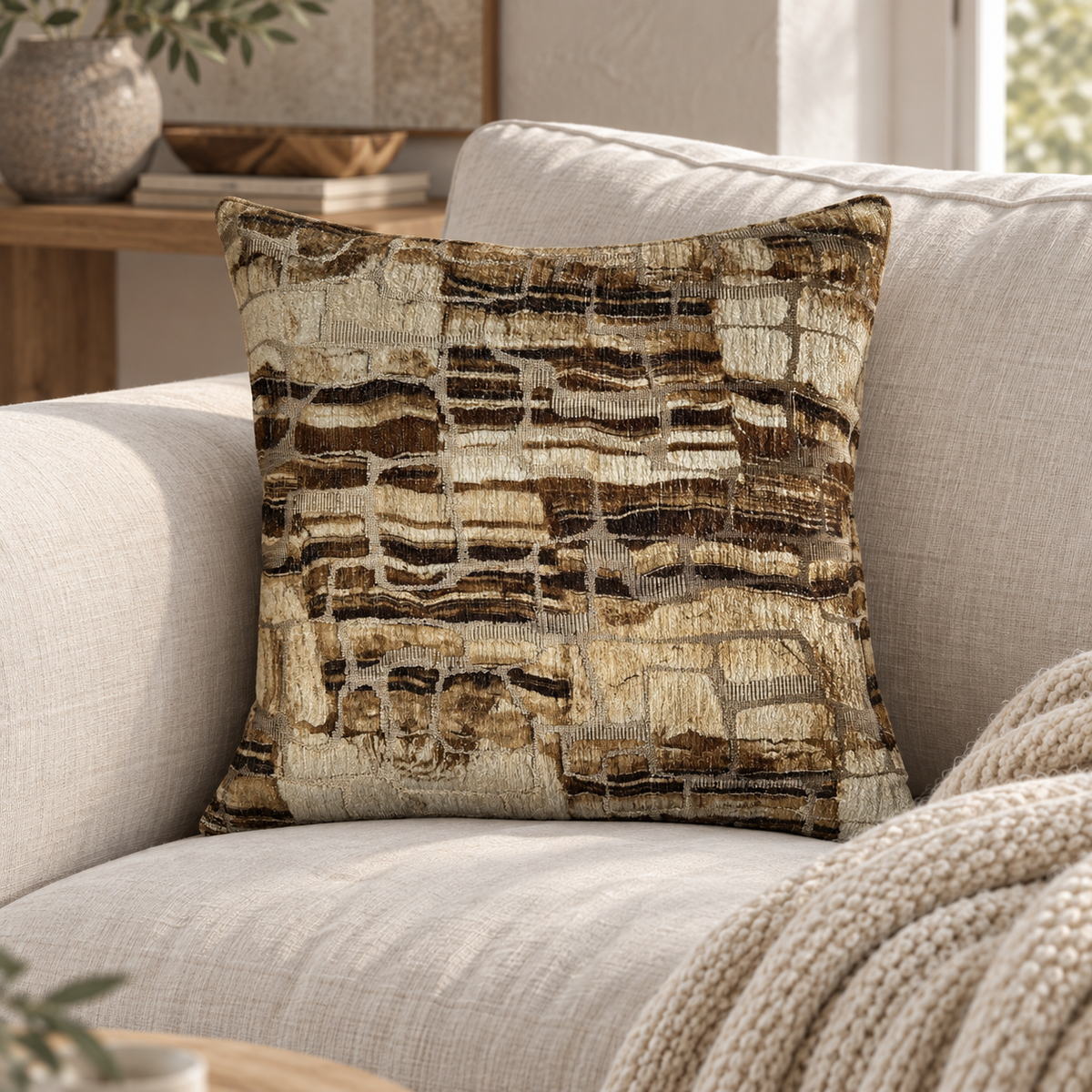Malini Abstract Natural Tan Square Cushion 50x50 in a cosy interior with natural daylight