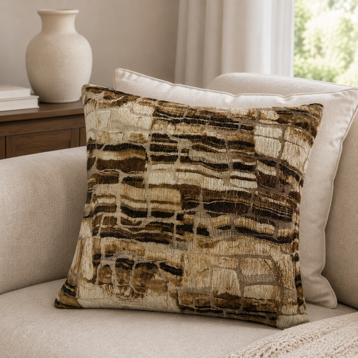 Malini Abstract Natural Tan Square Cushion 50x50 lifestyle image