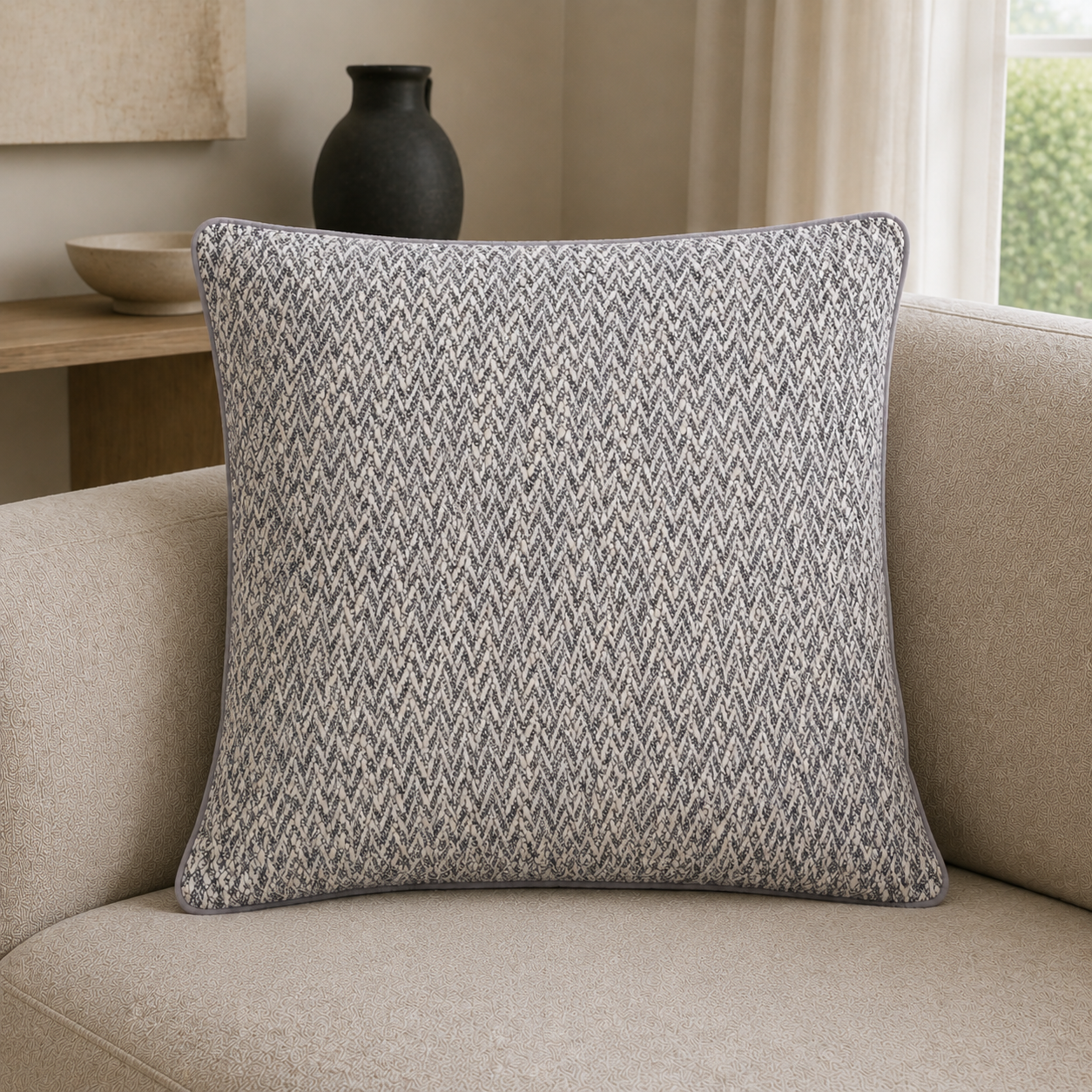 Malini Herringbone Textured Square Cushion Silver 56x56 lifestyle image