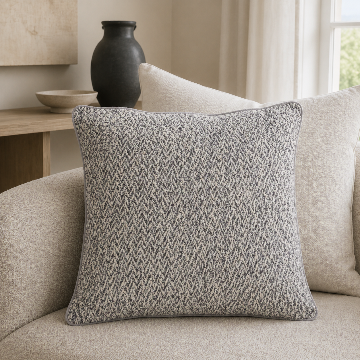 Malini Mura silver herringbone textured square cushion 56x56 in a neutral living room