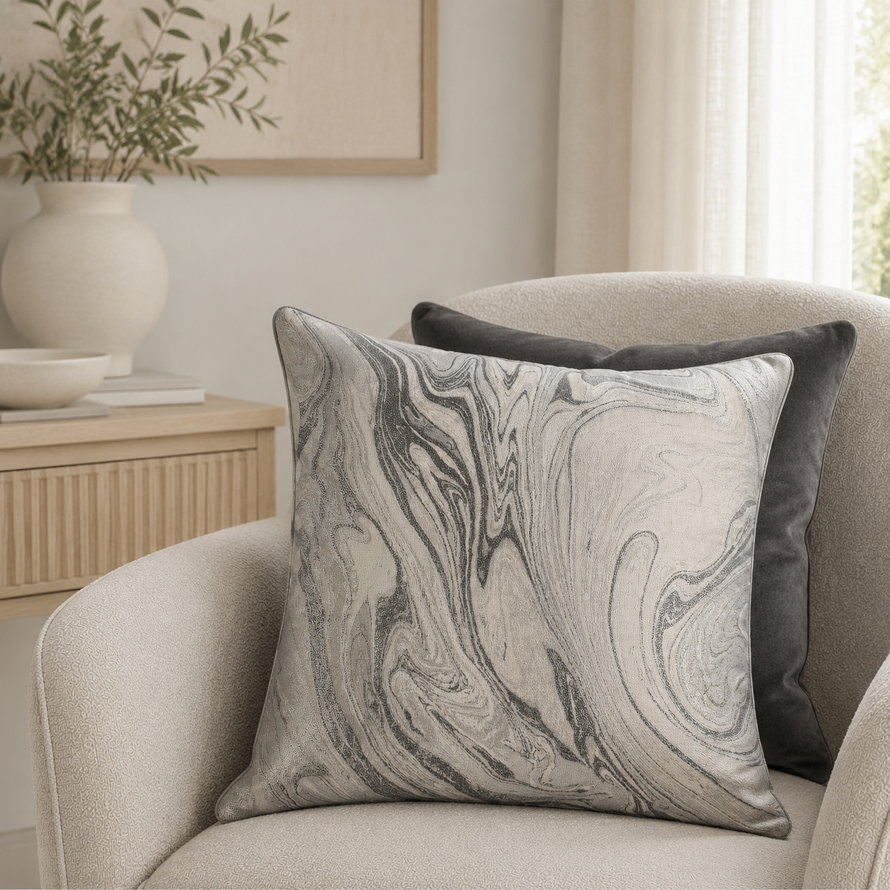 Malini Muscat Marble Effect Grey Silver Design Square Cushion 50x50 styled in a light neutral interior