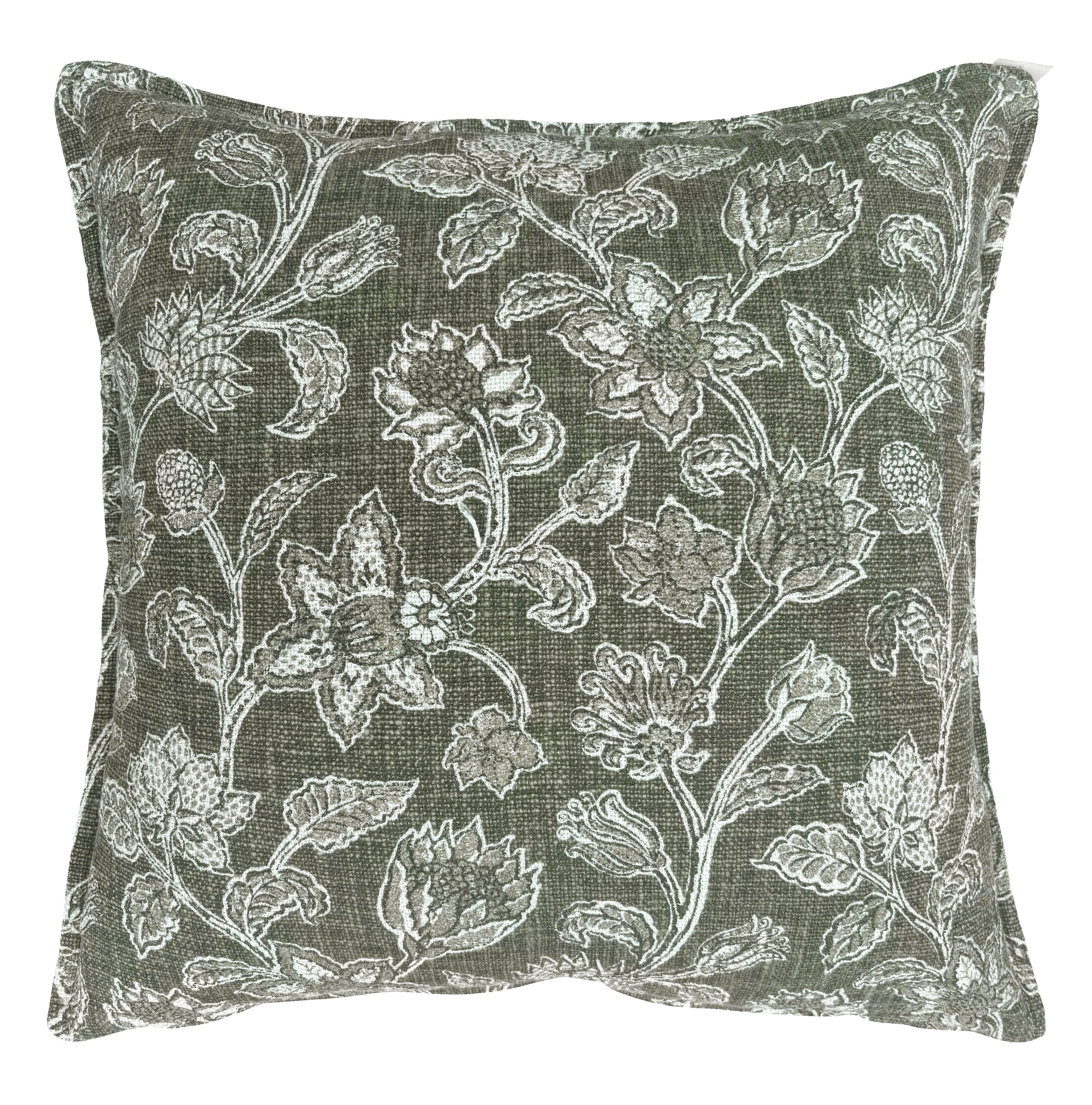 FLORAL TRELLIS PRINT ON WASHED LINEN MIX OLIVE 50 X 50