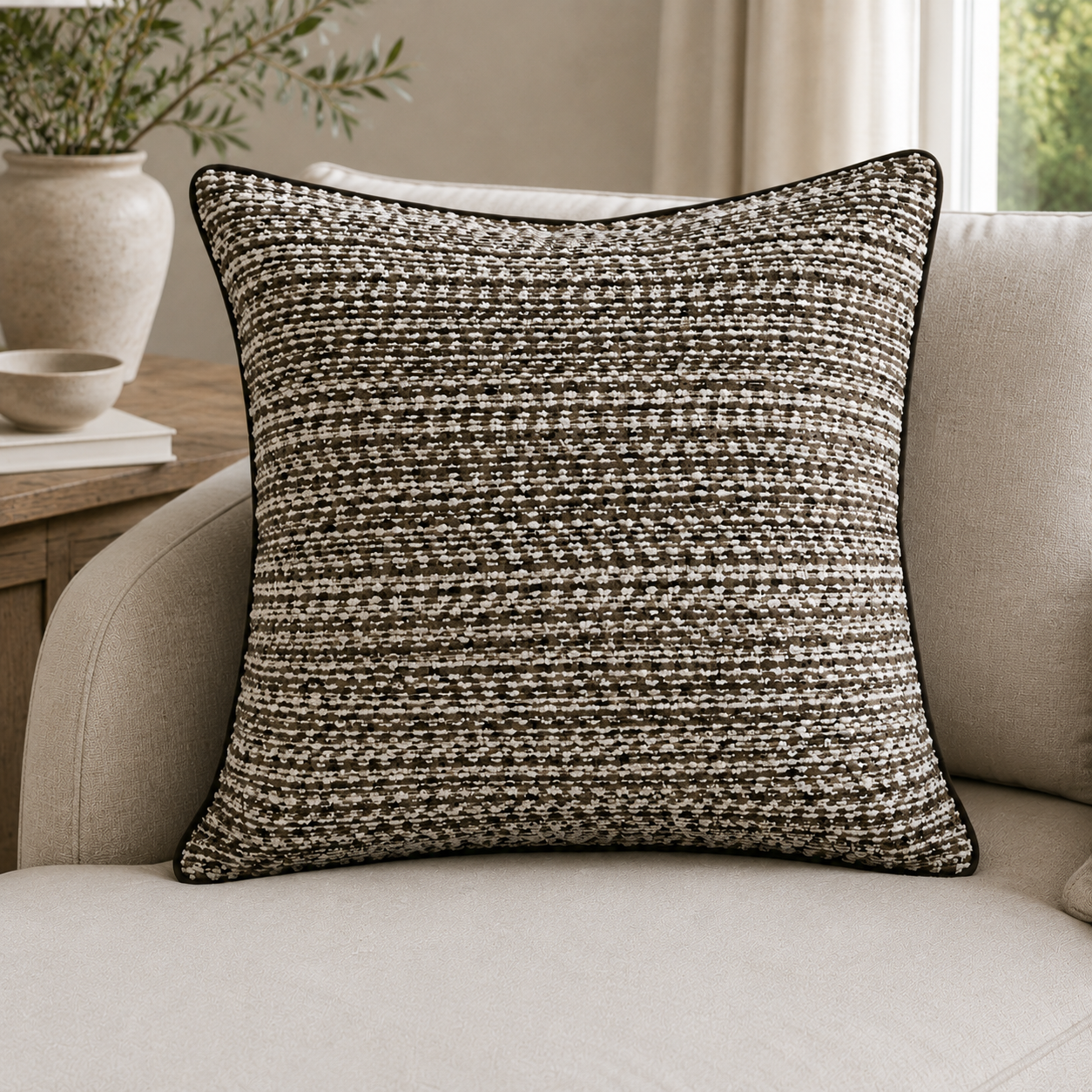 Malini Textured Slub Choc Square Cushion 56x56 lifestyle image