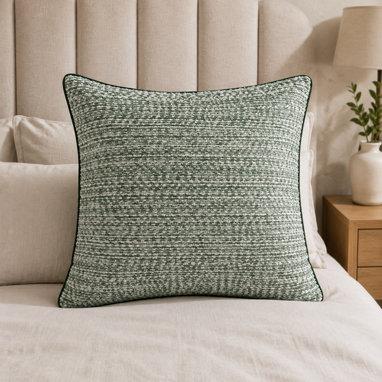 Malini Textured Slub Green Square Cushion 56x56 lifestyle image