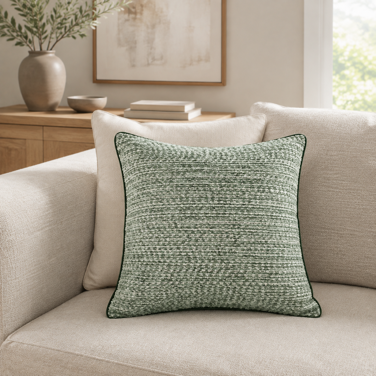 Malini Nalvin Green Textured Slub Cushion 56x56 lifestyle image