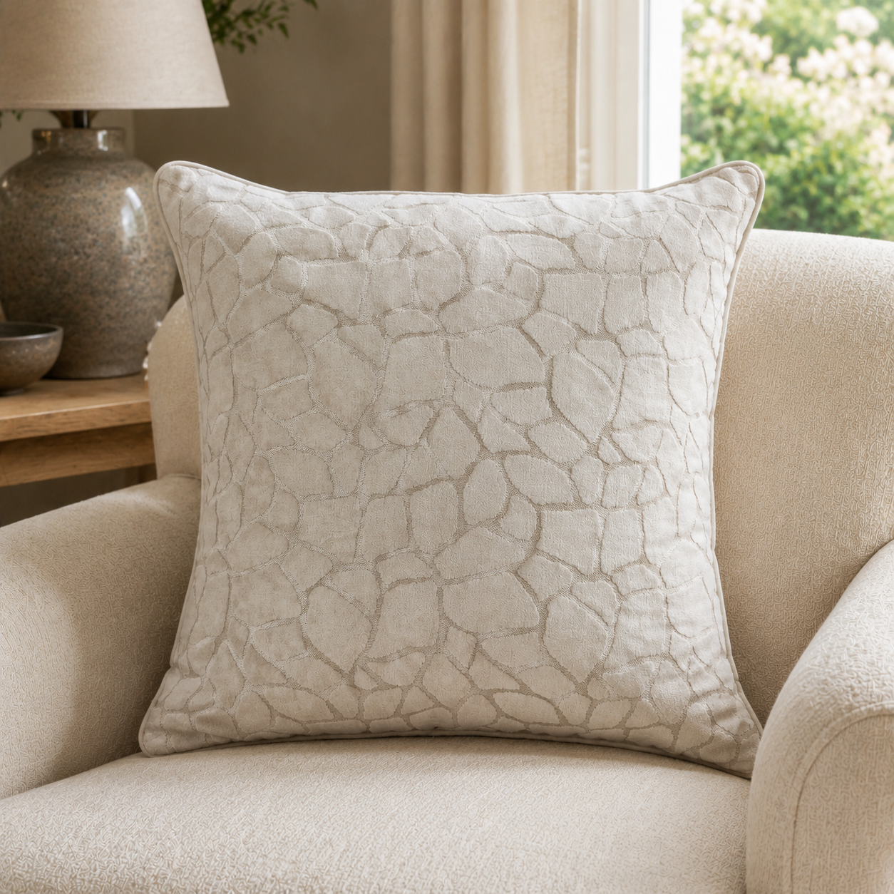 Malini Paul Moneypenny Necking Ivory Velvet Square Cushion 56x56 lifestyle image