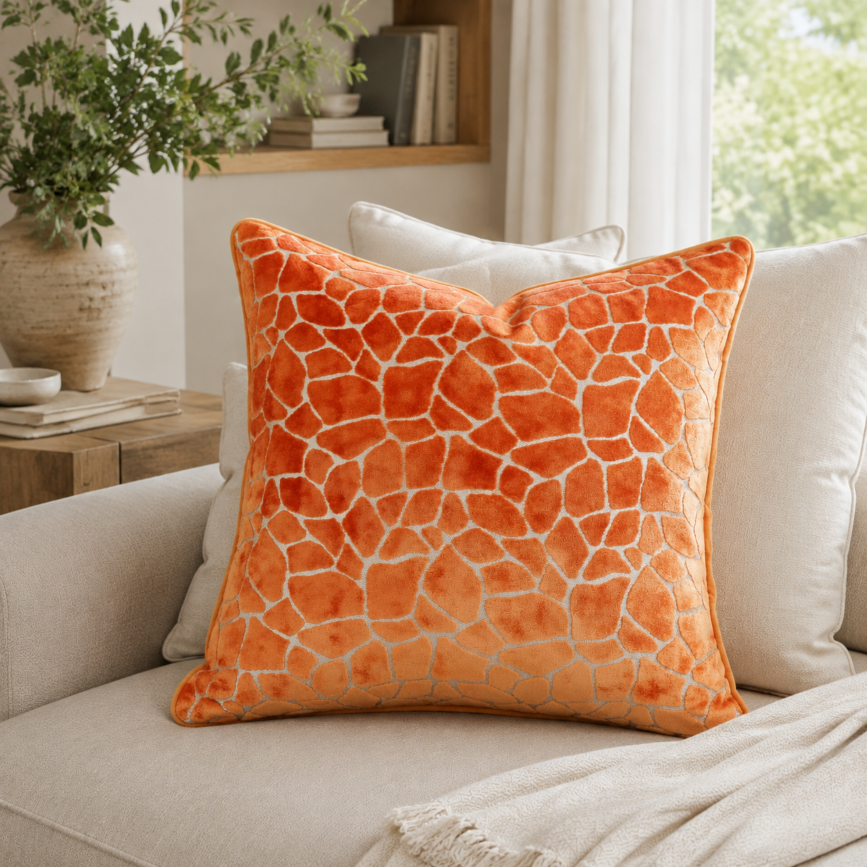 Malini Paul Moneypenny Giraffe Cut Velvet Orange 56x56 cushion lifestyle image