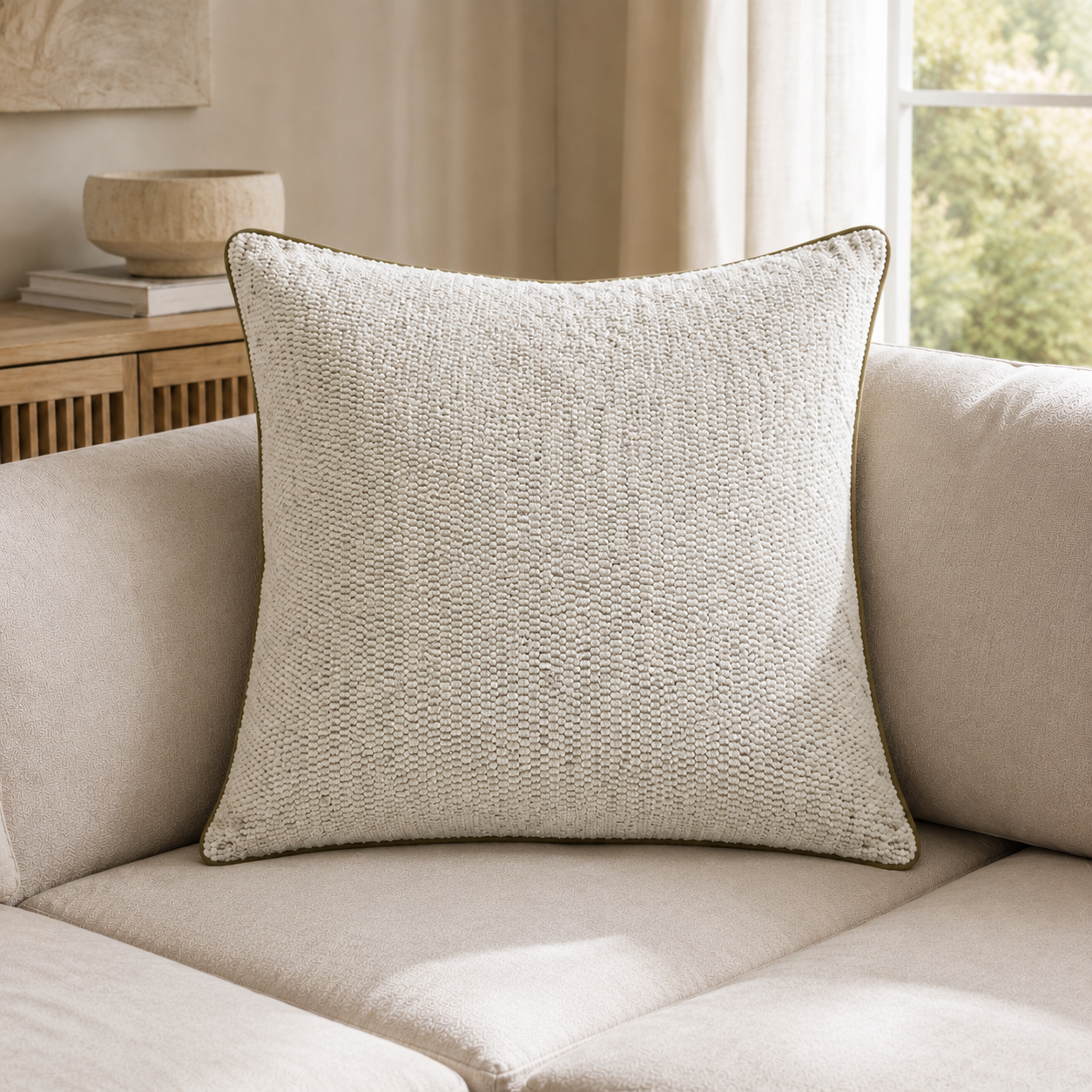 Malini Nicoo Natural Chenille Square Cushion 56x56 lifestyle image