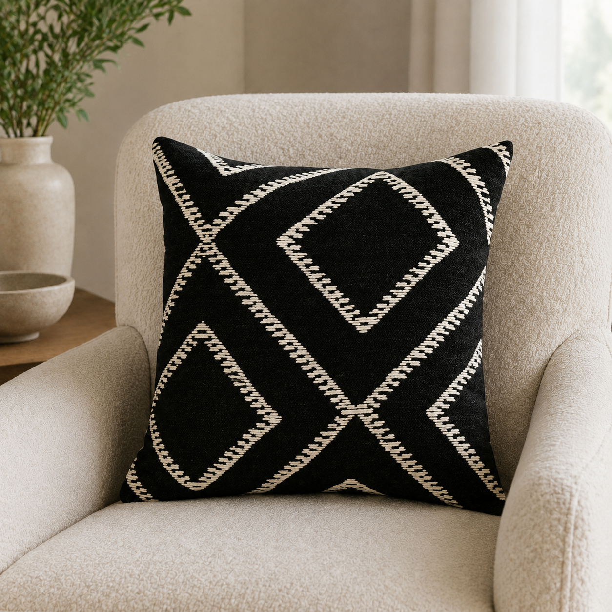 Malini Nile Print Mono Woven Diamond Natural Square Cushion 50x50 lifestyle image