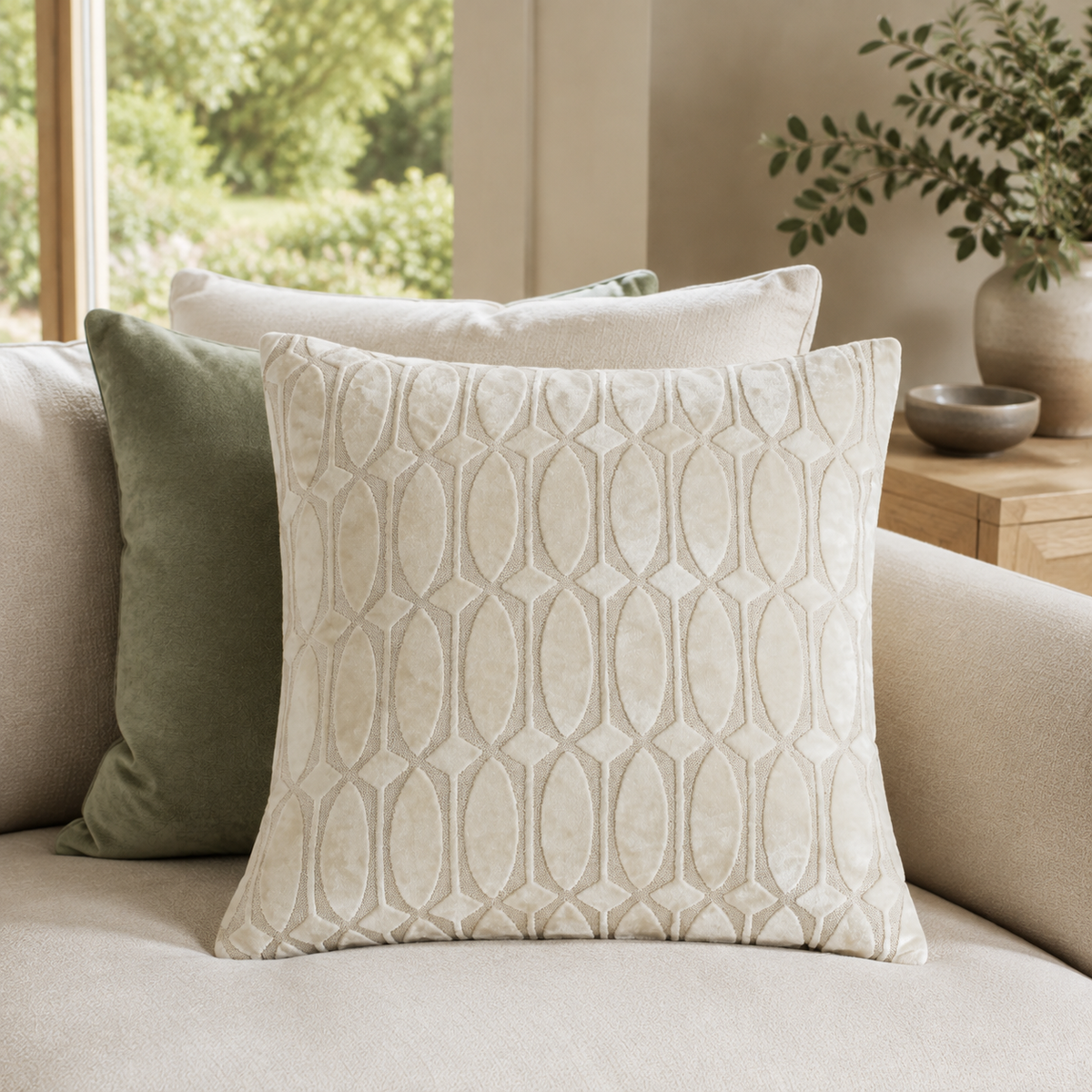 Malini Paul Moneypenny Off the Rails Ivory 56x56 cushion lifestyle image