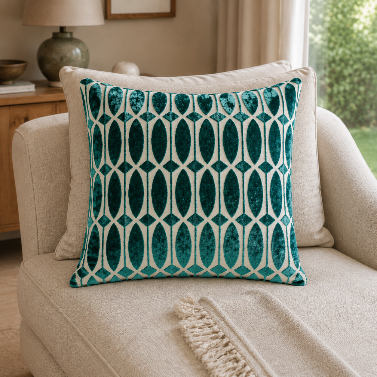 Malini Paul Moneypenny Off the Rails Teal Blue Velvet Square Cushion 56x56 lifestyle image