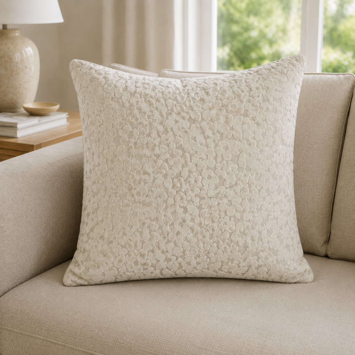 Malini Paul Moneypenny Oopsie Daisy Ivory Velvet Square Cushion 56x56 lifestyle image