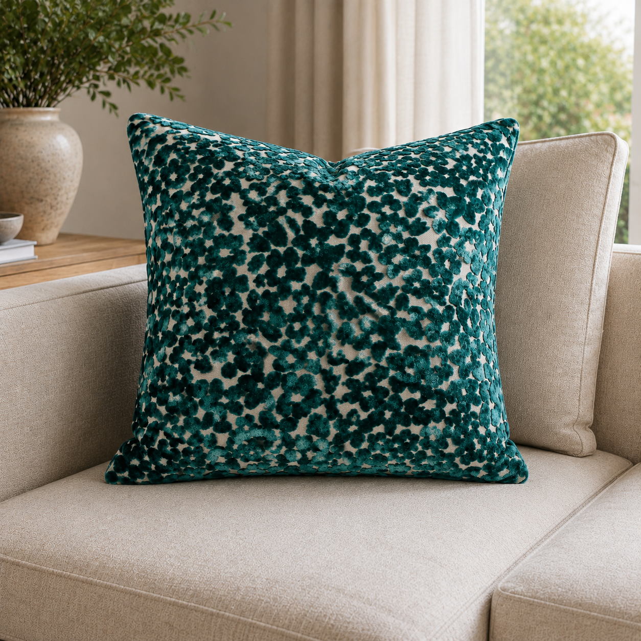 Malini Paul Moneypenny Oopsie Daisy Teal Blue Velvet Square Cushion 56x56 lifestyle image