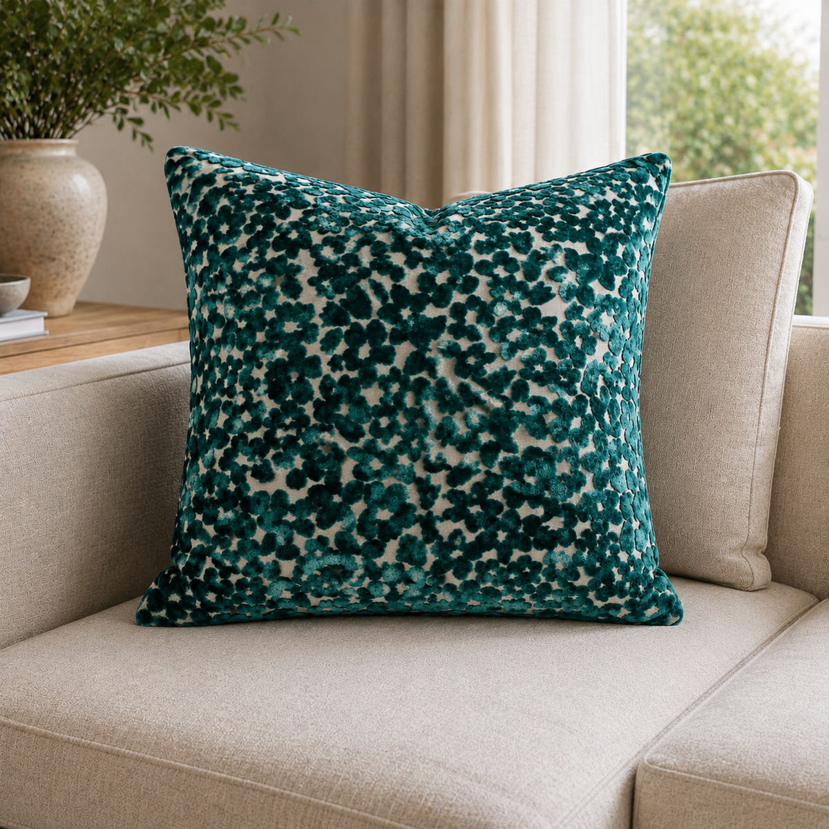 Malini Paul Moneypenny Oopsie Daisy Teal Blue Velvet Square Cushion 56x56 lifestyle image