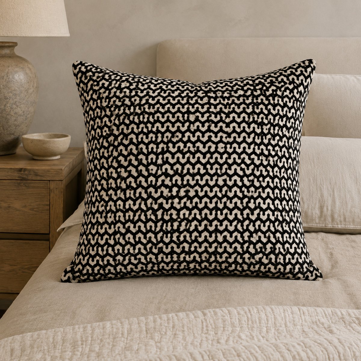 Malini Oslo Velvet Wave Black Square Cushion 56x56 lifestyle image