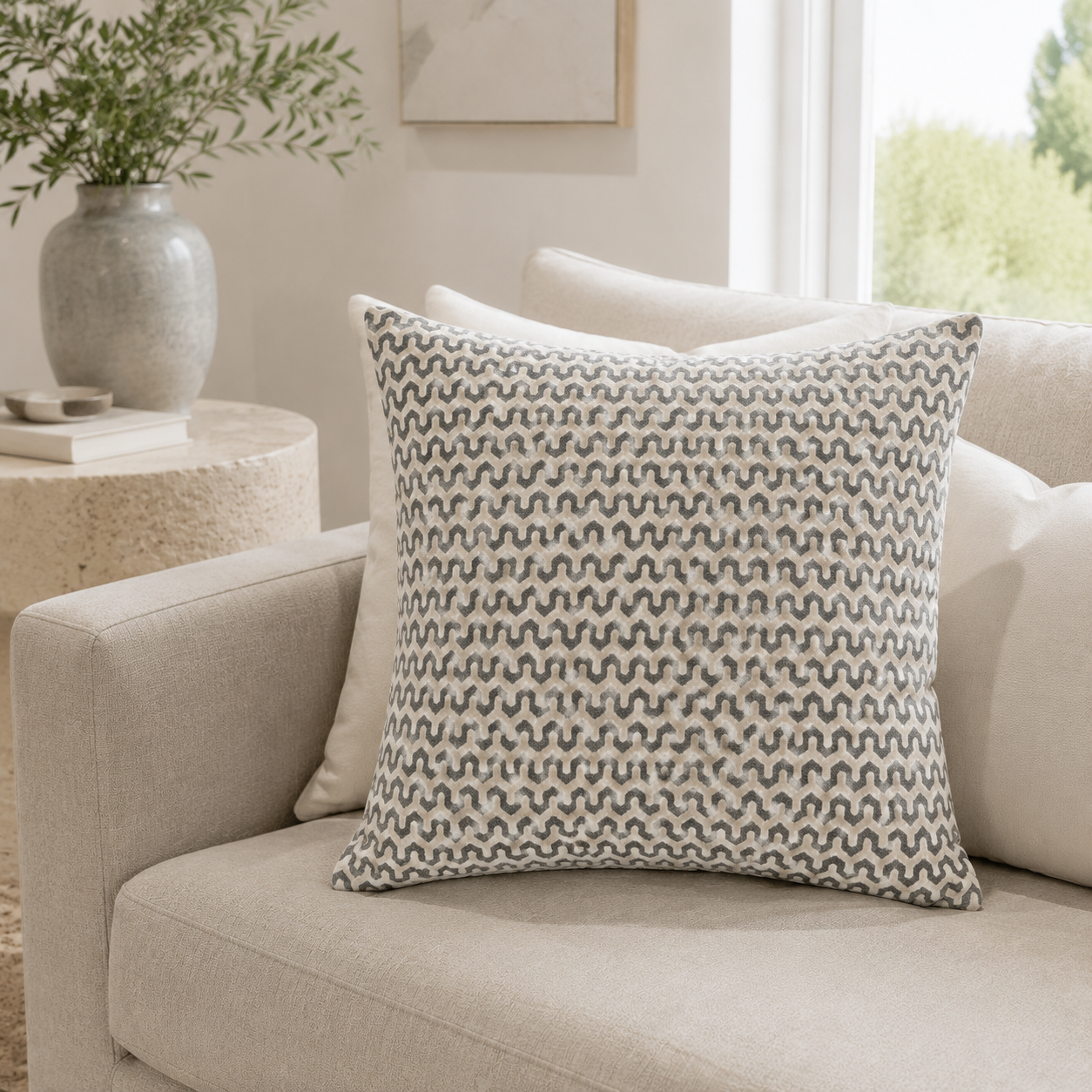 Malini Oslo Velvet Wave Cream Square Cushion 56x56 lifestyle image