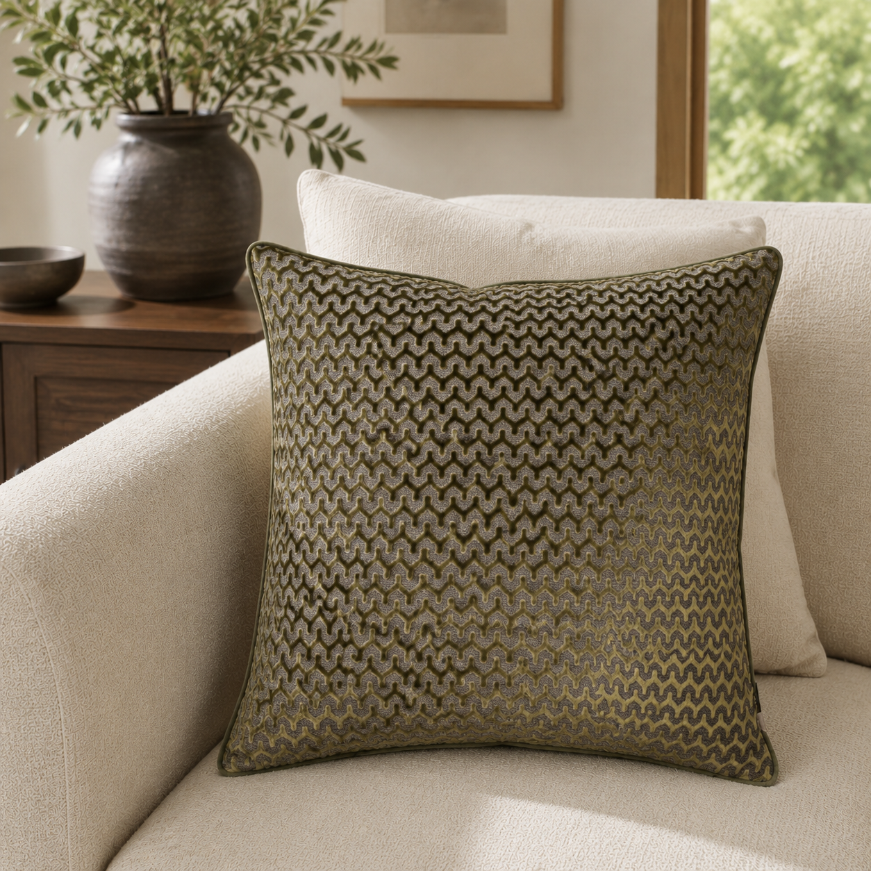 Malini Oslo Velvet Wave Olive Green Square Cushion 56x56 lifestyle image