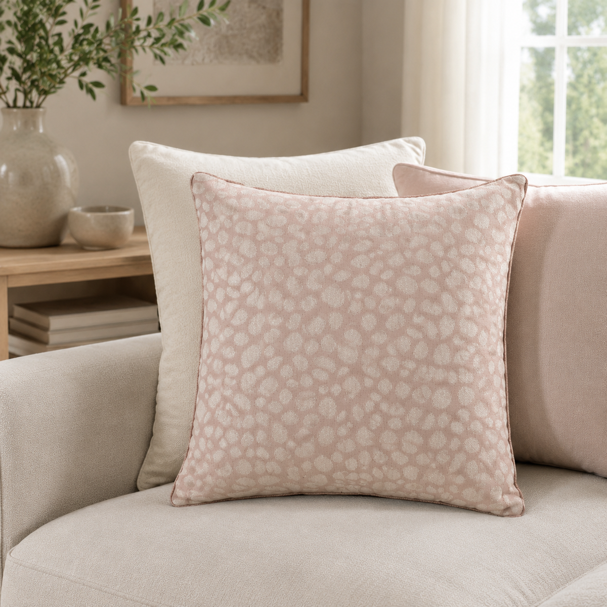Malini Pebbles Blush 50x50 cushion styled on a light neutral sofa