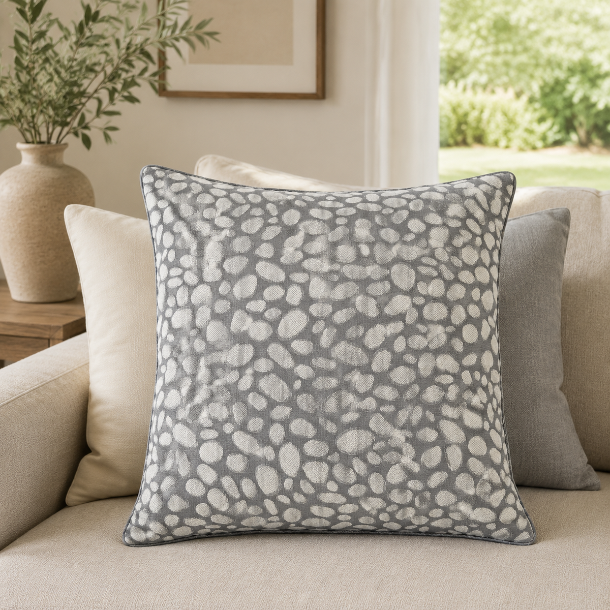 Malini Pebbles Grey 50x50 cushion styled on a light neutral sofa