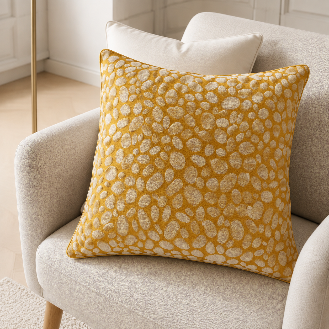 Malini Pebbles Mustard 50x50 cushion styled on a light neutral armchair
