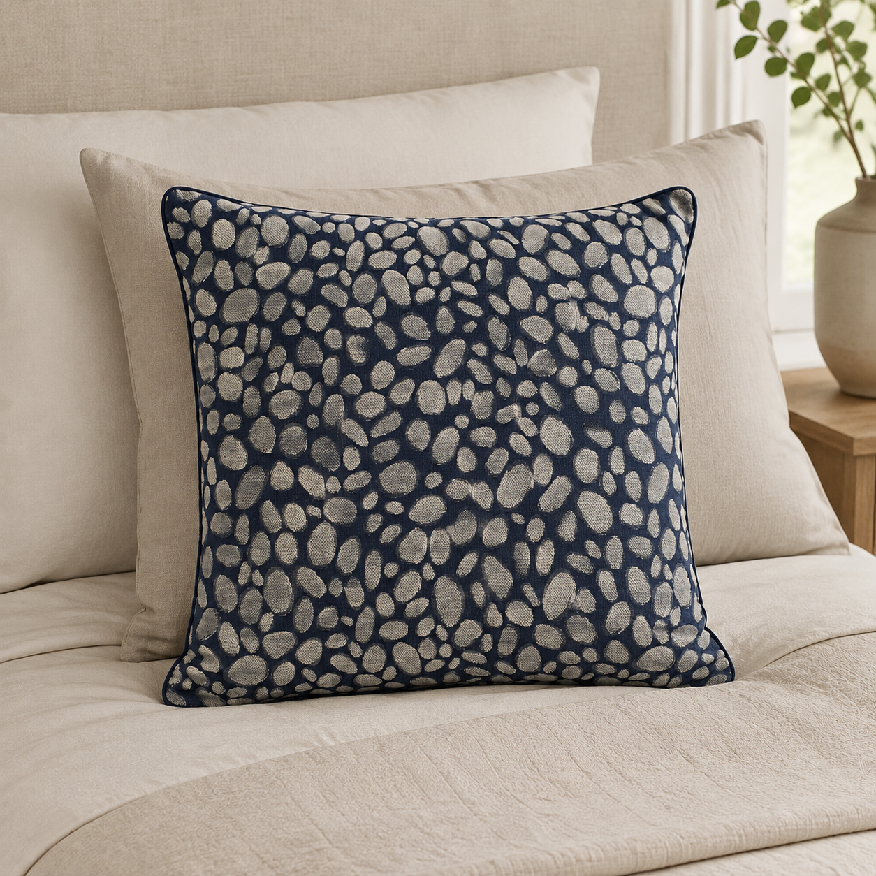 Malini Pebbles Design Weave Navy Square Cushion 50x50 lifestyle image