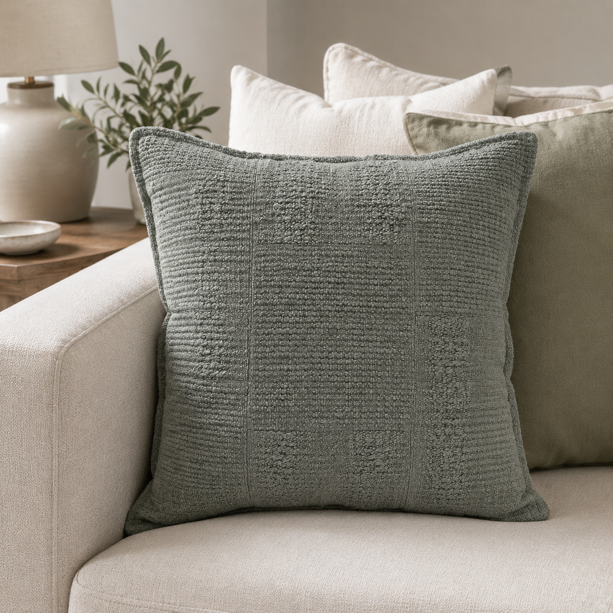 Malini Plyra Green 50x50 cotton cushion styled on a light neutral sofa