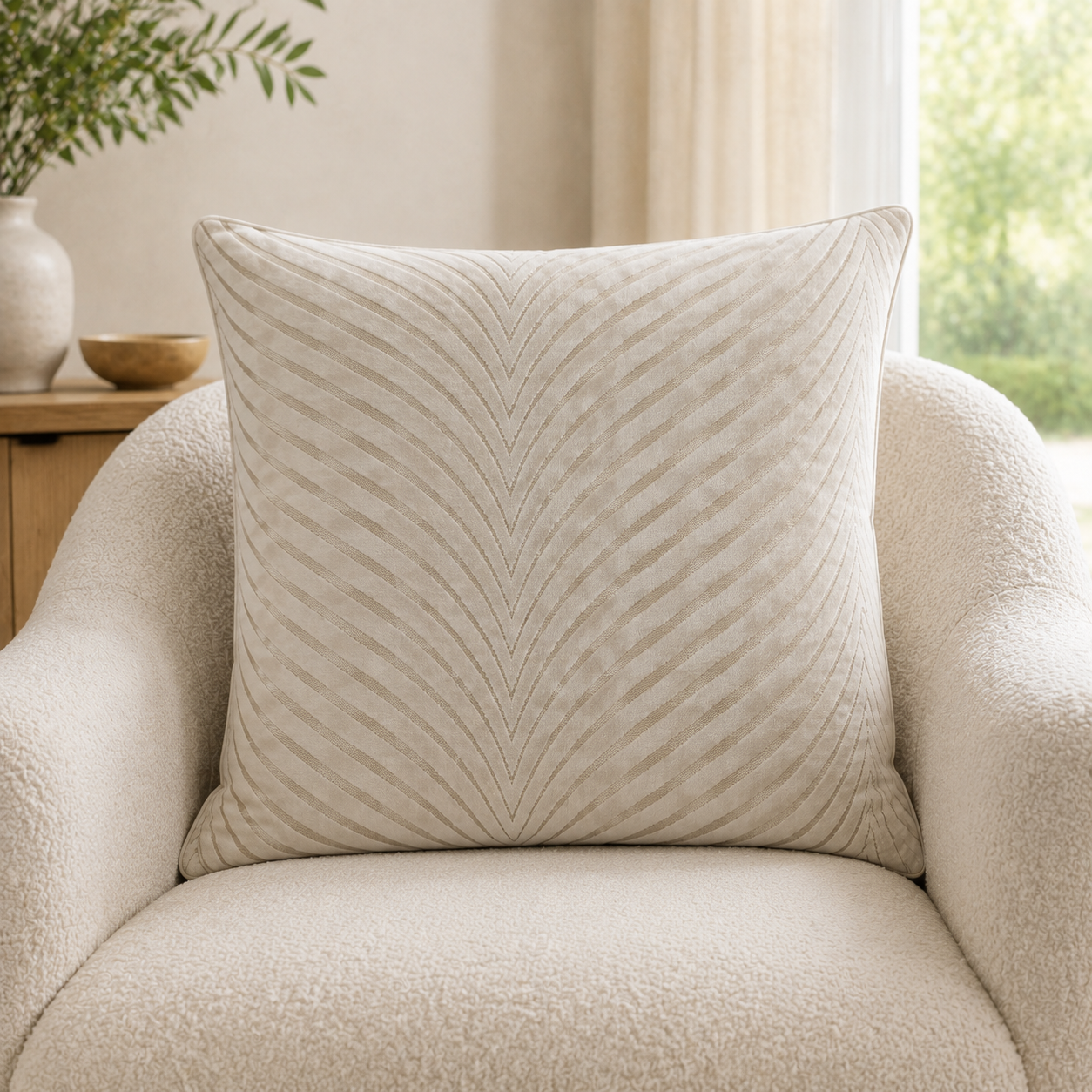 Malini Rada Velvet Fan Ivory Square Cushion 56x56 lifestyle image