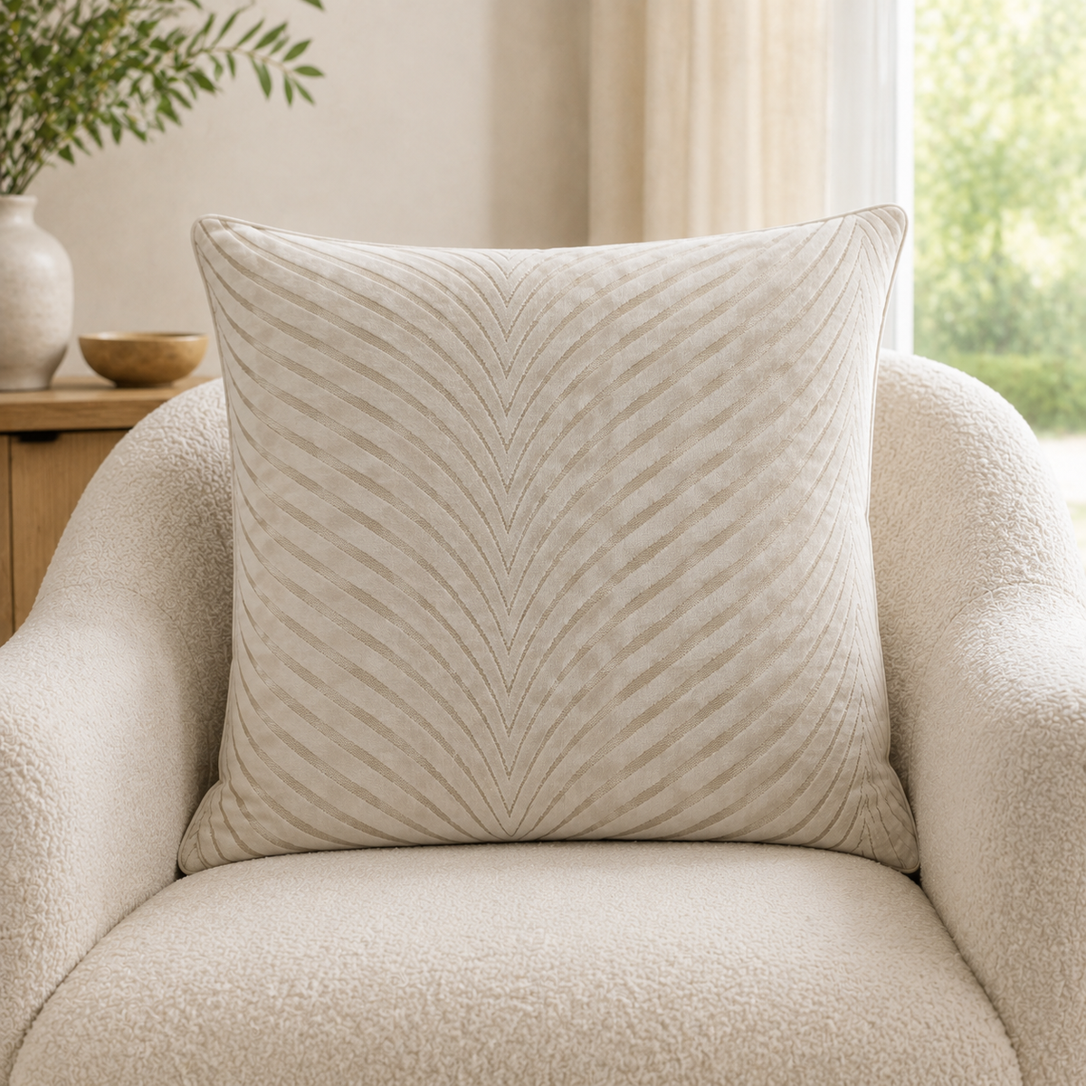 Malini Rada Velvet Fan Ivory Square Cushion 56x56 lifestyle image