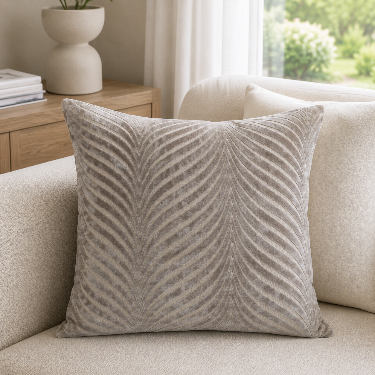 Malini Cut Velvet Fan Rada Taupe Square Cushion 56x56 lifestyle image