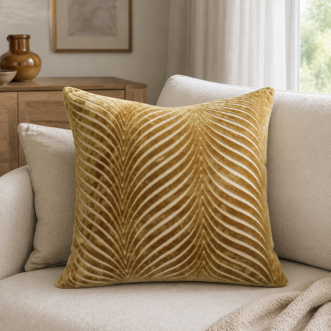 Malini Cut Velvet Fan Rada Whiskey Square Cushion 56x56 lifestyle image