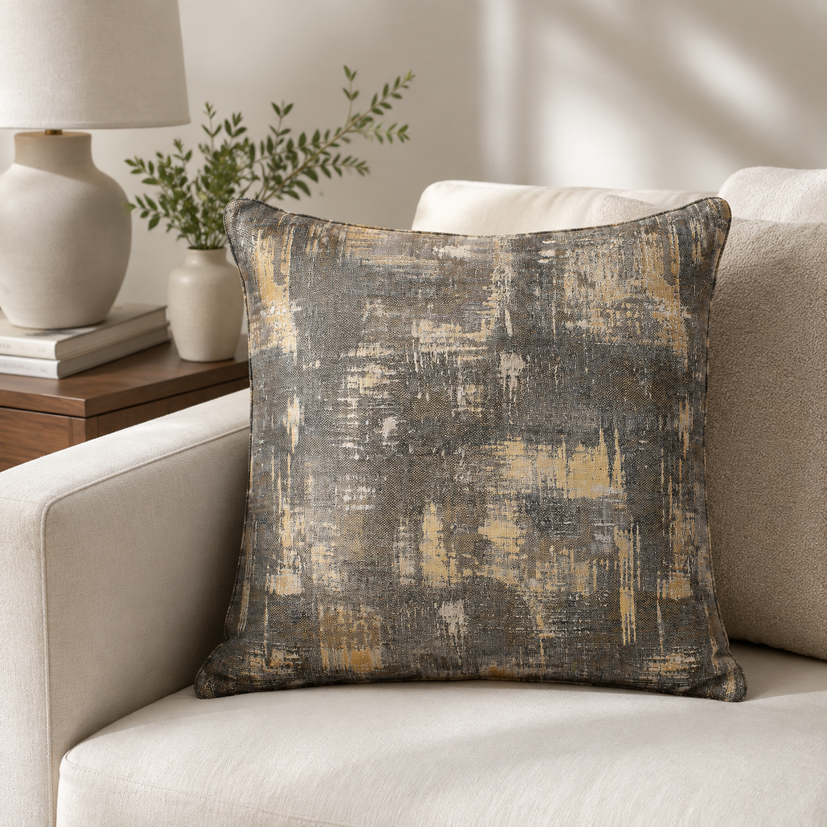 Malini Ro gold and grey foil 50x50 cushion styled on a light neutral armchair