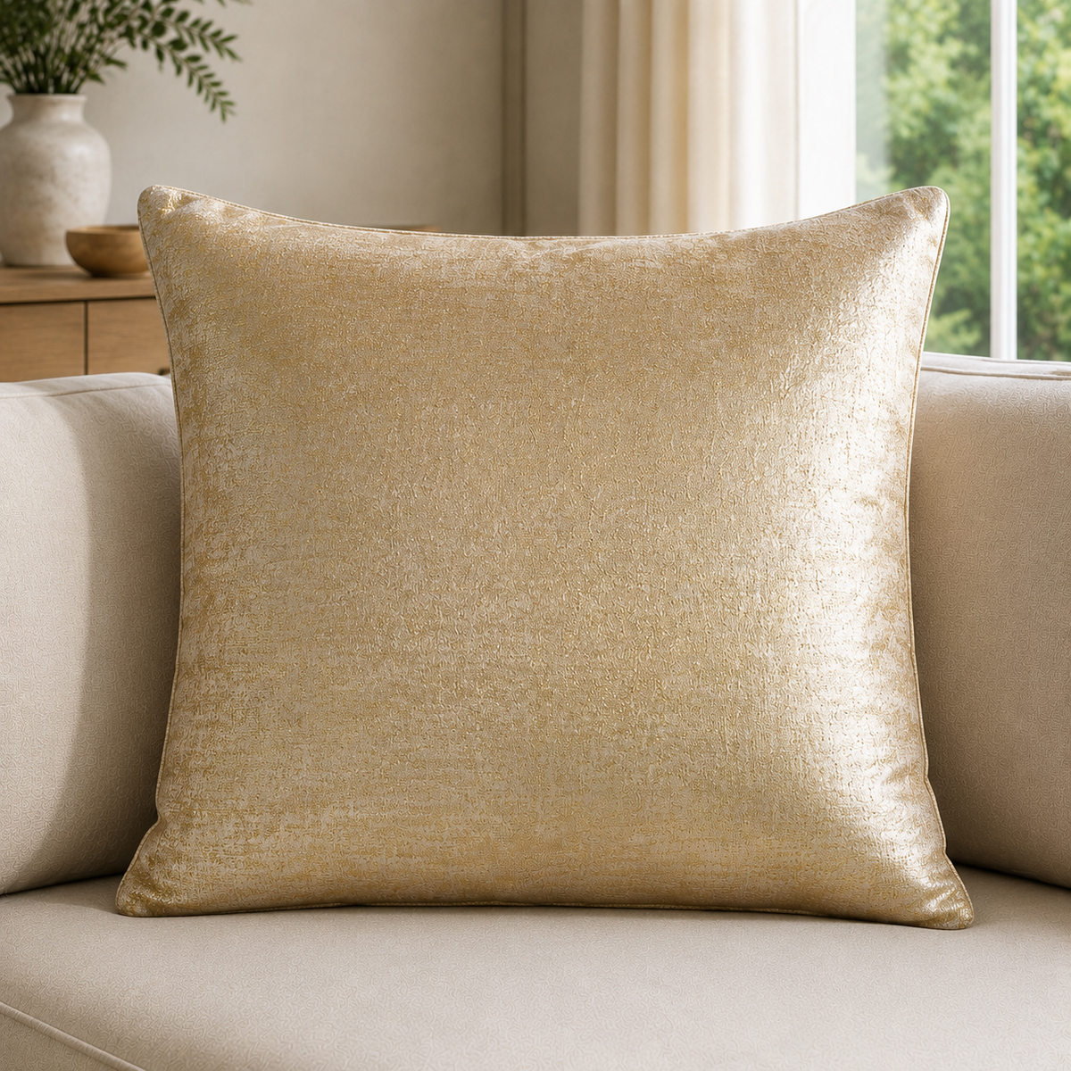 Malini Sona Matt Gold Velvet Square Cushion 56x56 lifestyle image