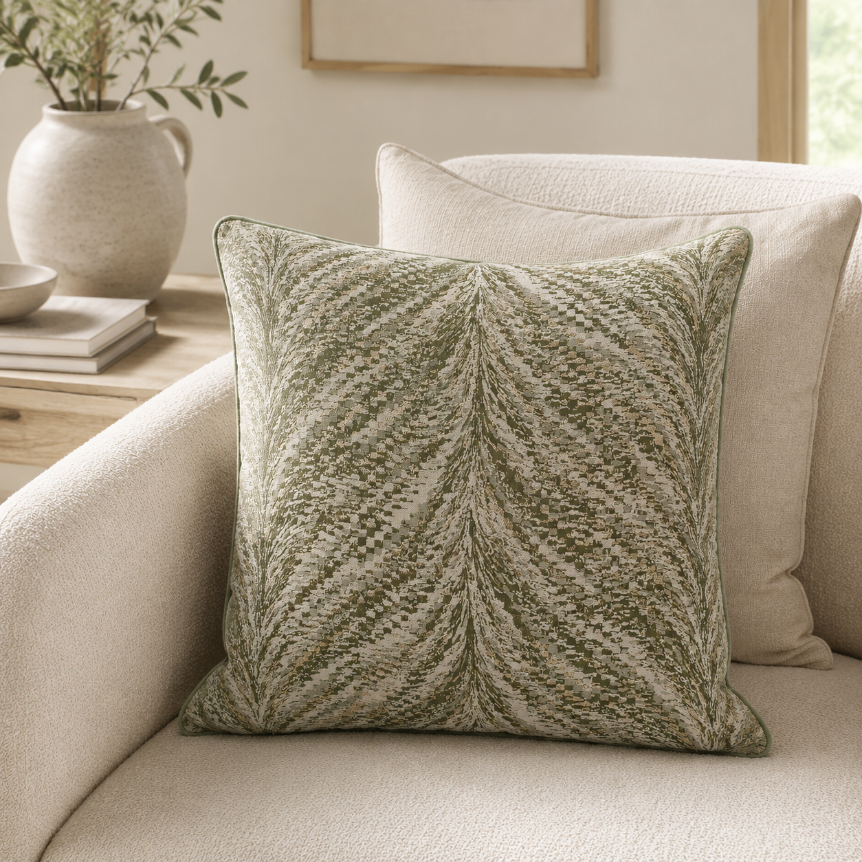 Malini Sonata Olive 56x56 cushion styled in a neutral living room