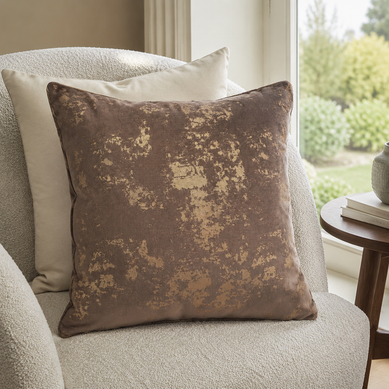 Malini Spoiltrotton bronze flecks on chocolate brown cushion lifestyle image