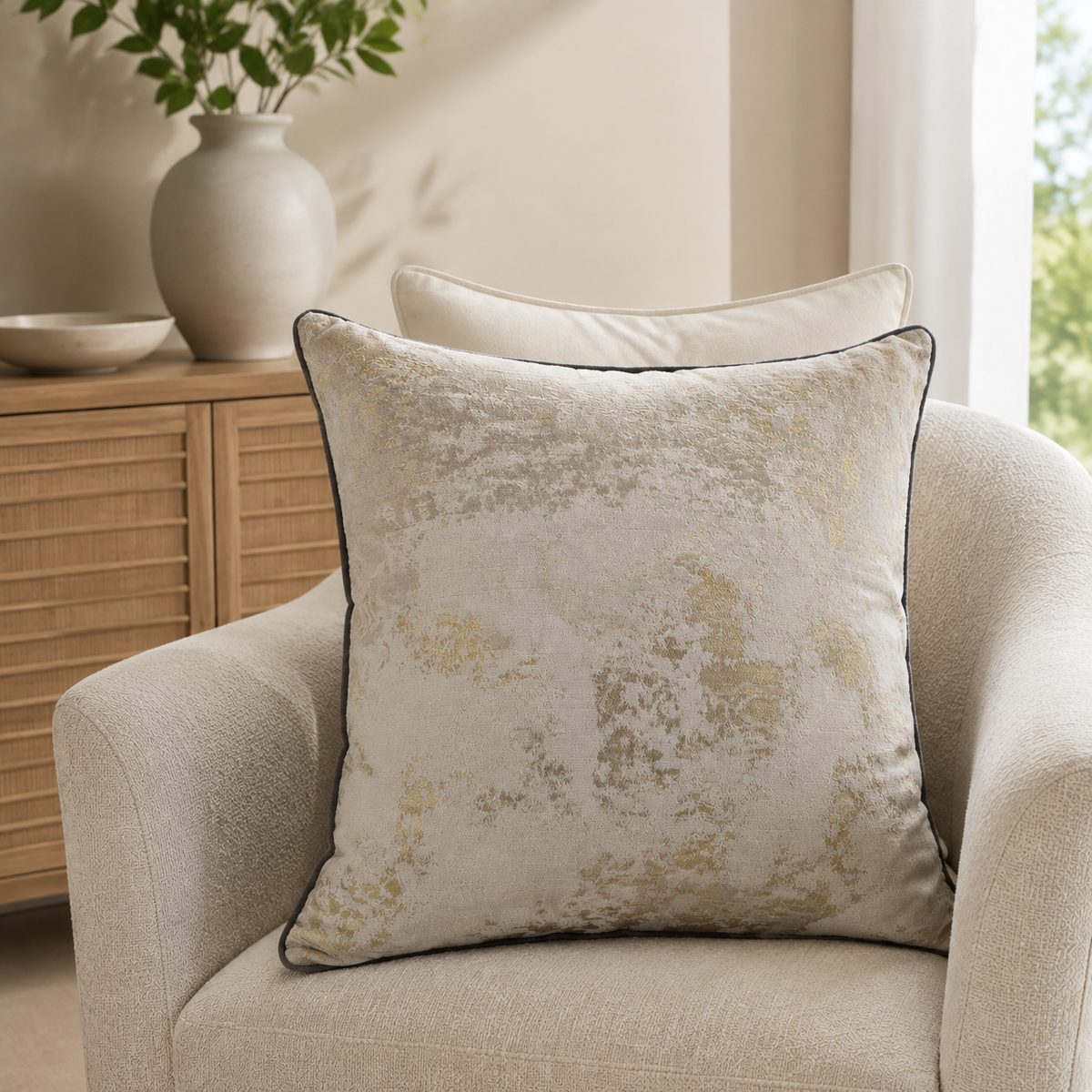 Malini Spoiltrotton gold flecks on natural large cushion lifestyle image