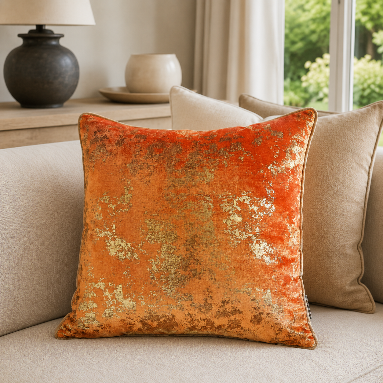 Malini Spoiltrotton Orange 56x56 cushion styled on a light neutral sofa
