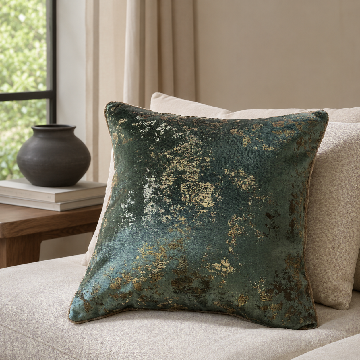 Malini Spoiltrotton gold flecks on sage green large cushion lifestyle image