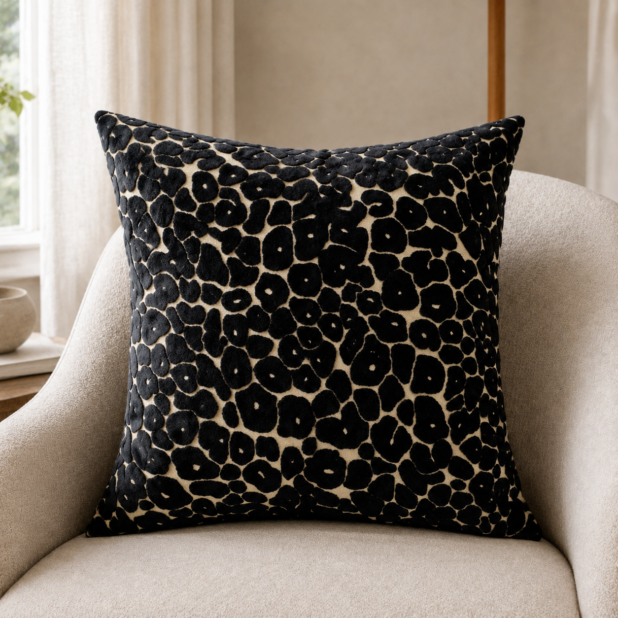 Malini Spoton black leopard velvet 56x56 cushion lifestyle image