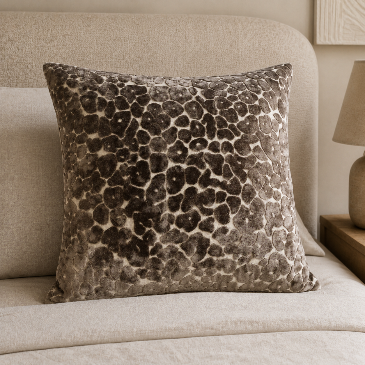 Malini Paul Moneypenny Spoton Leopard Velvet Choc Square Cushion 56x56 lifestyle image