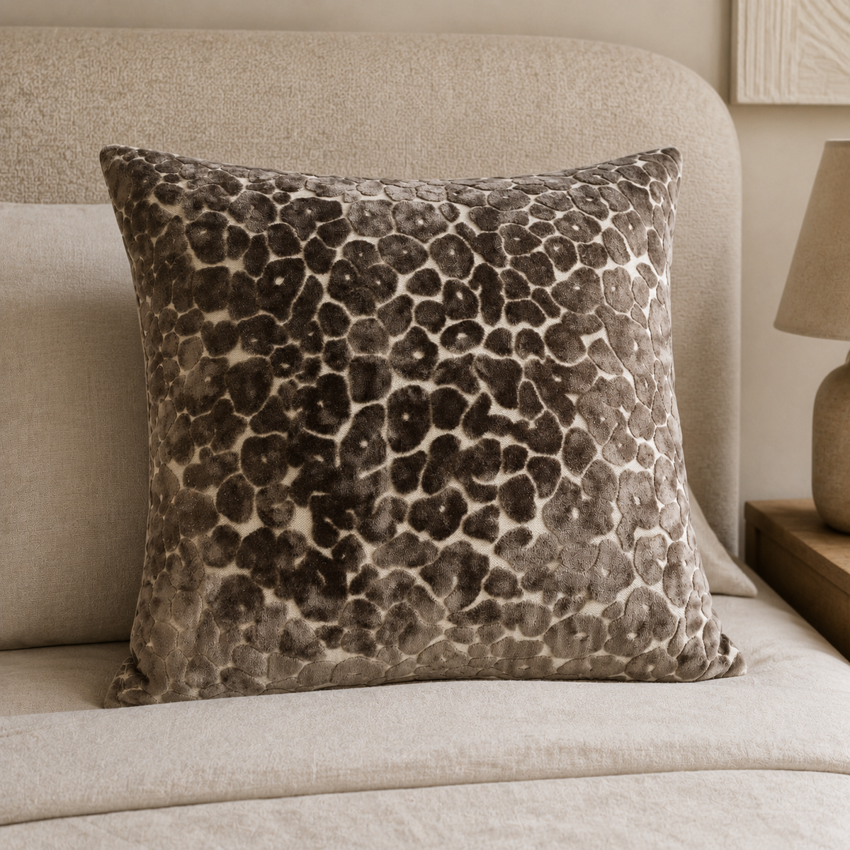 Malini Paul Moneypenny Spoton Leopard Velvet Choc Square Cushion 56x56 lifestyle image