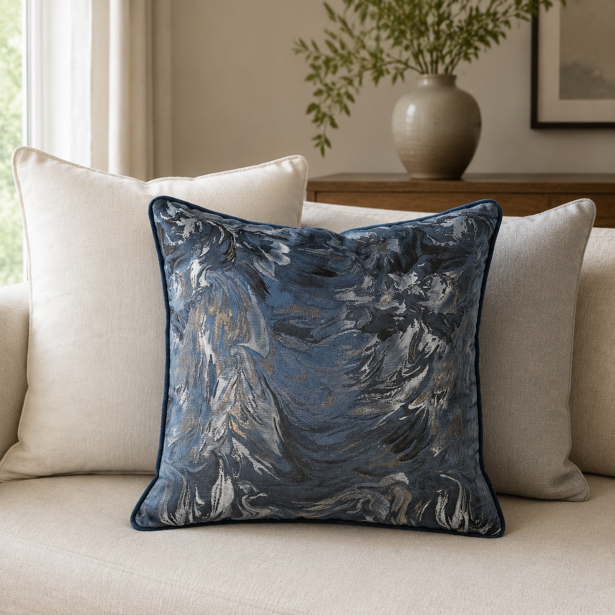 Malini Symphony Navy Sparkle Jacquard Cushion 50x50 lifestyle image