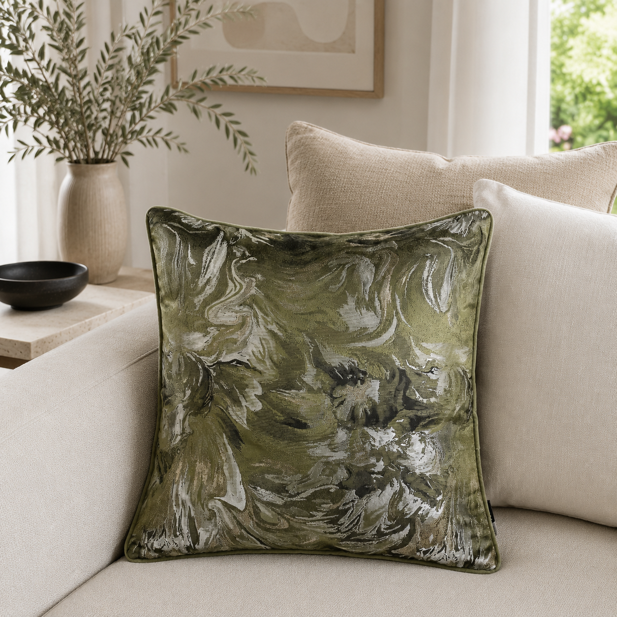 Malini Symphony Olive Sparkle Jacquard Cushion 50x50 lifestyle image
