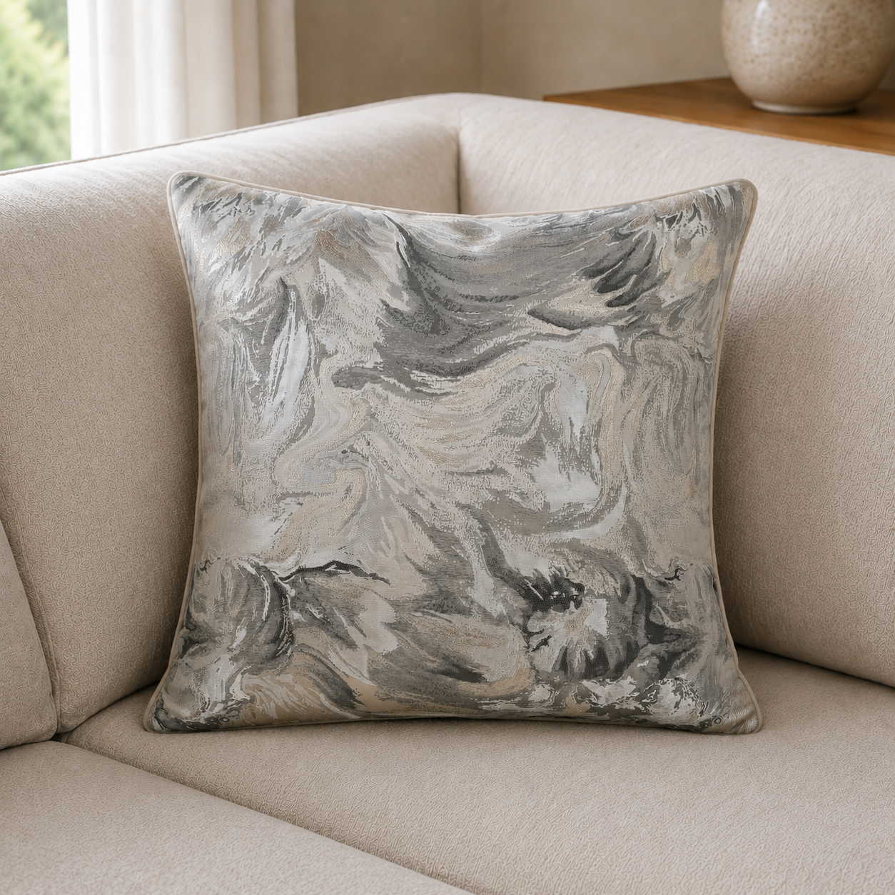 Malini Stroke Sparkle Jaq With Velvet Rev Taupe Square Cushion 50x50 lifestyle image