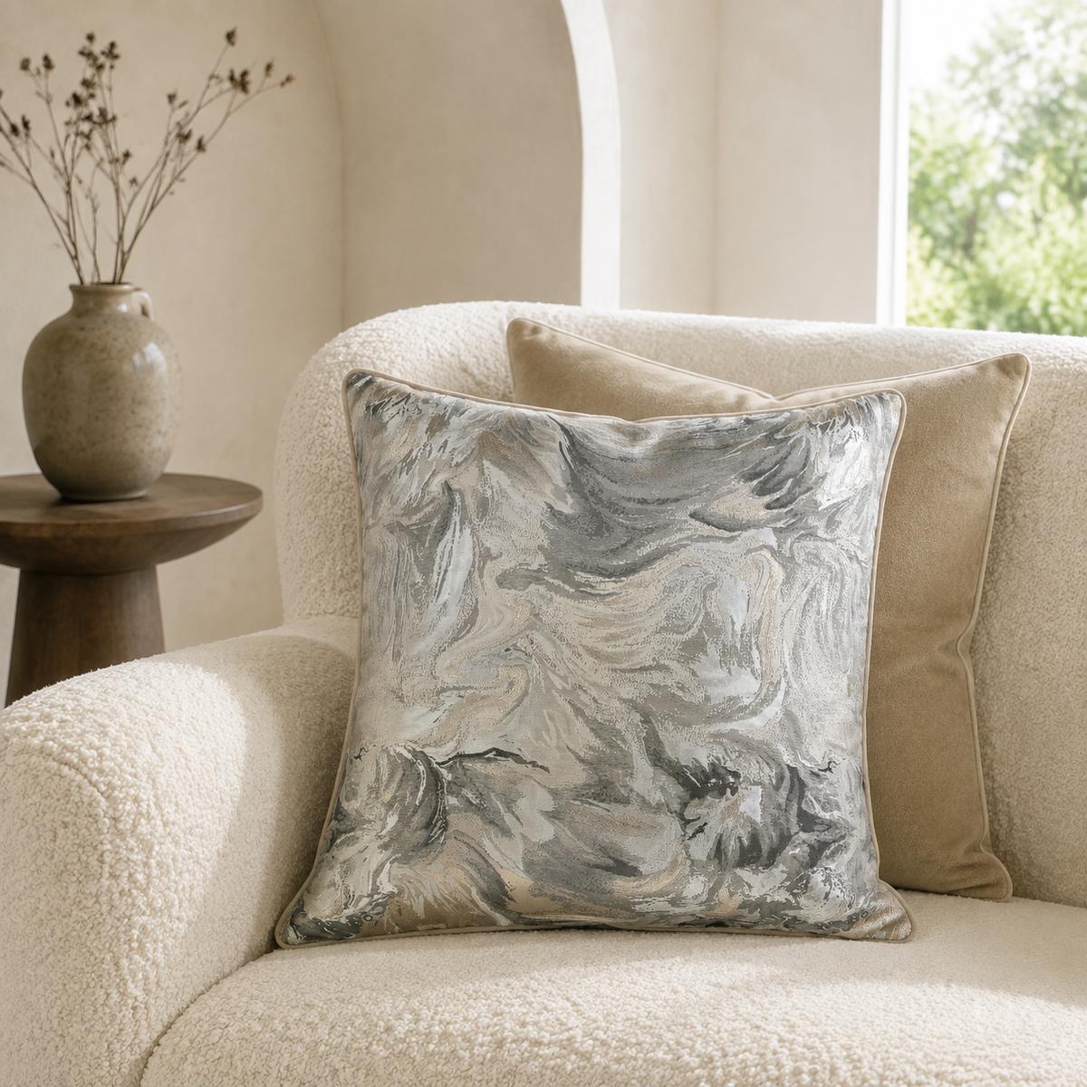 Malini Symphony Taupe Sparkle Jacquard Cushion 50x50 lifestyle image