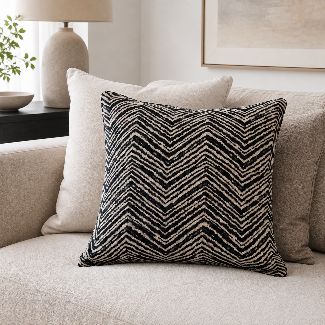 Malini Thor Black White Chevron Cushion 50x50 lifestyle image