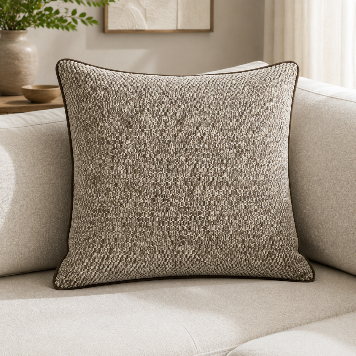 Malini Toby Coffee Brown Jacquard Square Cushion 56x56 lifestyle image