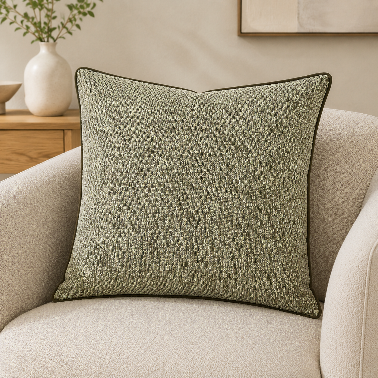 Malini Toby Mushroom Beige Jacquard Square Cushion 56x56 lifestyle image