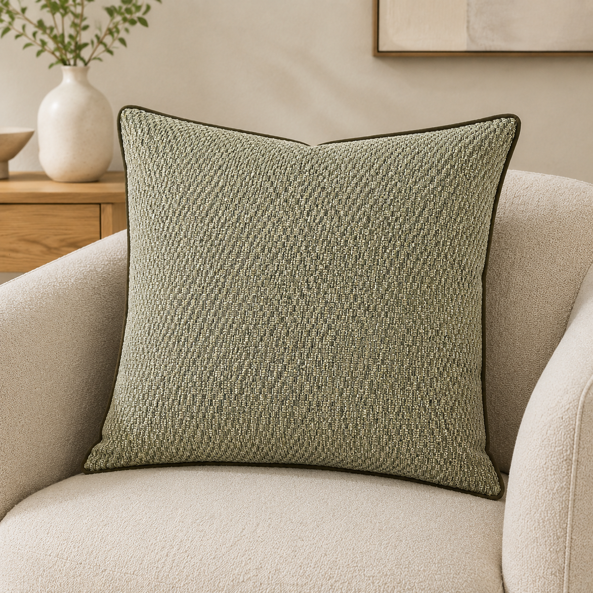 Malini Toby Mushroom Beige Jacquard Square Cushion 56x56 lifestyle image